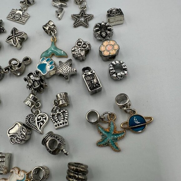 Mixed Sliding Charms Lot Silver Tone Enamel Beads Dangle Hearts Crowns Stars - Picture 5 of 11